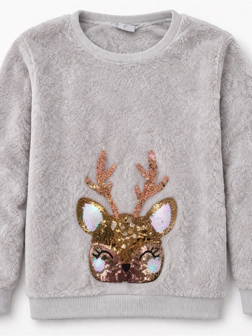 H&M Girls Plush Reindeer Sequin Sweatshirt Holiday Pullover Cream Size 8-10